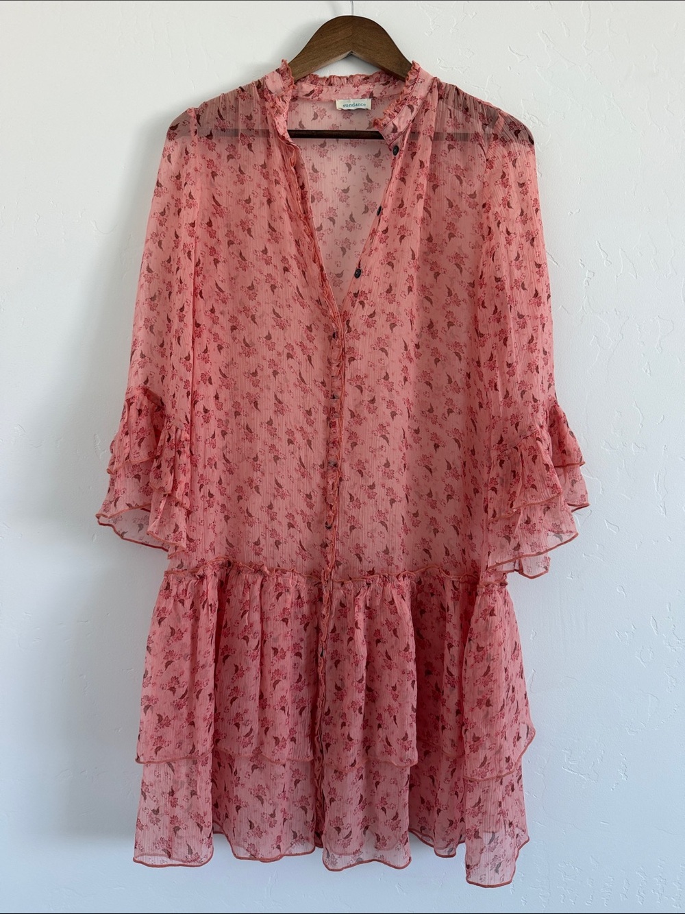 Sundance Catalog Pink Floral Tiered Ruffle Dress Sheer Boho Romantic